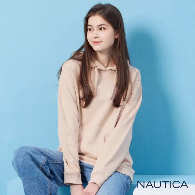 【NAUTICA】官方旗艦 女裝 簡約品牌刺繡長袖帽T(米色)