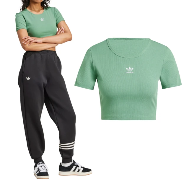 adidas 愛迪達 Ess Rib Tee 女款 綠色 圓領 修身 上衣 短版 短袖 IY9665