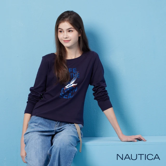 NAUTICA 官方旗艦 女裝 休閒酷帥海鷗長袖T恤(藍色)