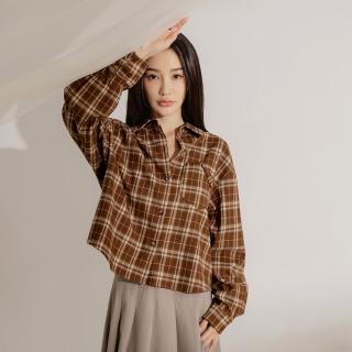 【OB 嚴選】毛織格紋造型口袋泡泡袖襯衫上衣 《AB19915》