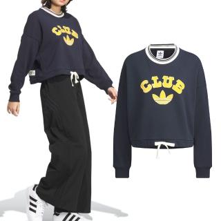 【adidas 愛迪達】VRCT Crew W2 女款 藍色 運動 休閒 寬鬆 復古 圓領 下擺抽繩 毛圈布 長袖 JD6374