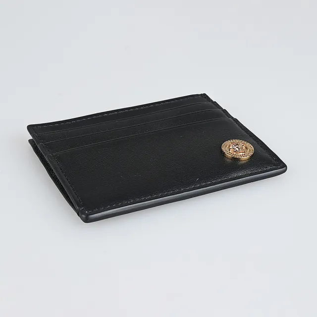【VERSACE 凡賽斯】Versace MEDUSA BIGGIE立體金屬美杜莎標誌LOGO顆粒面設計小牛皮 6卡卡片夾(黑)