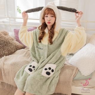 【Annita】可愛小狗法蘭絨珊瑚絨保暖睡袍居家服(情侶款睡袍/酒店式浴袍睡袍/保暖居家服/長袖/中大尺碼)