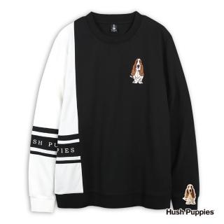 【Hush Puppies】男裝 T恤 直式拼接配色刺繡狗長袖T恤(黑色 / 44111110)
