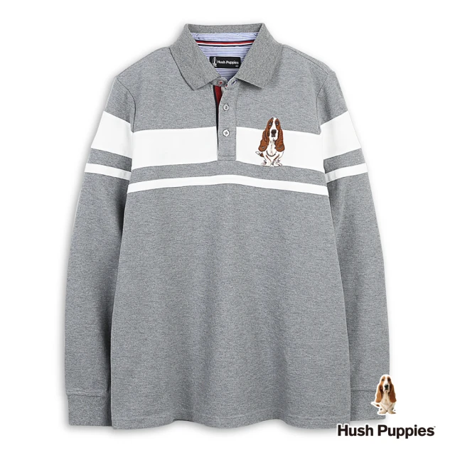 Hush Puppies 男裝 POLO衫 品牌刺繡狗剪接配色長袖POLO衫(麻灰 / 44101106)