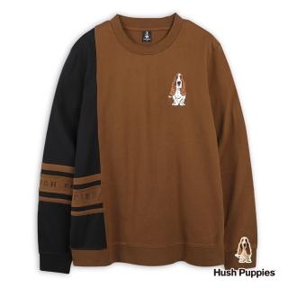 【Hush Puppies】男裝 T恤 直式拼接配色刺繡狗長袖T恤(咖啡 / 44111110)