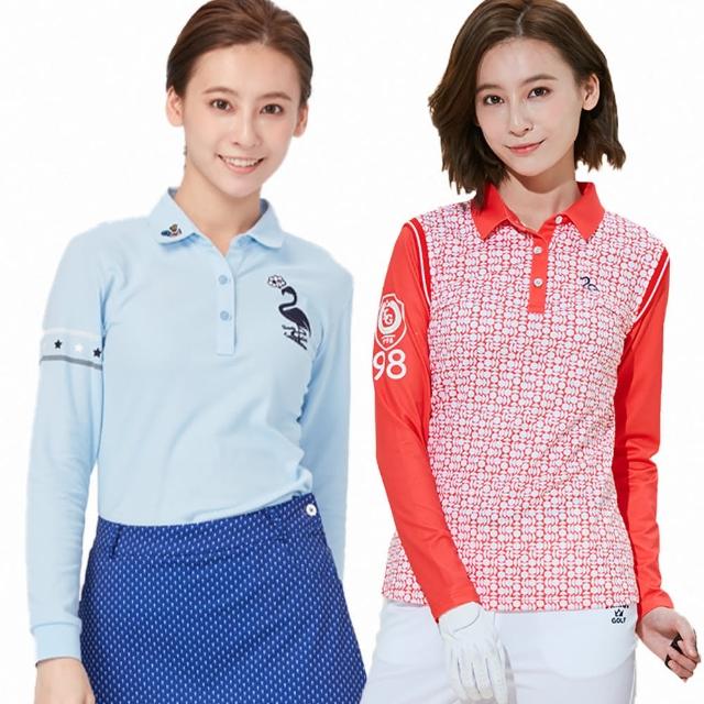 【KING GOLF】MOMO獨家特談！女款拼接印圖立體燙鑽翻領開襟POLO衫/長袖上衣/高爾夫球衫(多款任選)