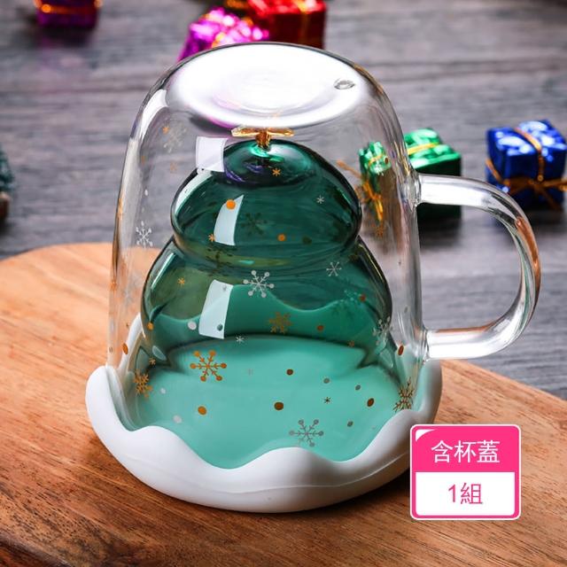 茉家 加厚雙層玻璃聖誕星情杯 附雪景矽膠杯蓋 1組
