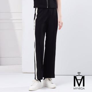 【MYVEGA 麥雪爾】MA棉質兩側白織帶彈性休閒套裝喇叭長褲-黑(上下身分開販售)