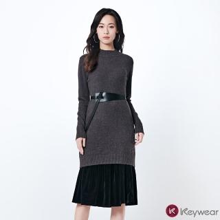 【KeyWear 奇威名品】絨布拼接針織長袖洋裝