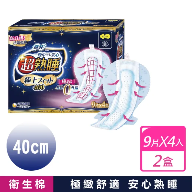 【Sofy 蘇菲】2箱組40公分-超熟睡極上Fit 夜用衛生棉(40公分9片 X 4大包 X 2箱)