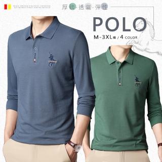 【Billgo】*現貨*舒適刺繡馬術長袖POLO衫-4色 M-3XL碼 男款馬標休閒上衣(質感、四季、百搭)