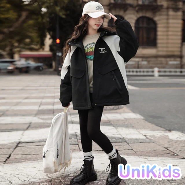 UniKids 中大童裝連帽長袖外套 夾棉拼色衝鋒衣派克服夾克 女大童裝 CVCJD248115(黑)