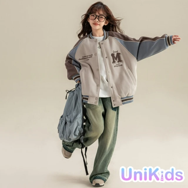 UniKids 中大童裝加厚夾棉長袖外套 復古撞色棒球服夾克 女大童裝 CV23MD143(灰)