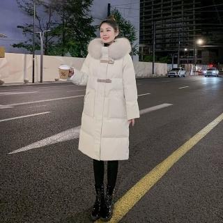 【米蘭精品】現貨+預購 真羽絨90%鴨絨羽絨外套羽絨衣長版連帽大衣(真狐狸毛領保暖鎖溫禦寒女夾克4色74ip6)