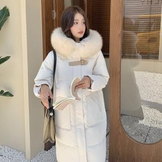 【米蘭精品】現貨+預購 真羽絨90%鴨絨羽絨外套羽絨衣連帽長版大衣(真狐狸毛領保暖蓬鬆女夾克4色74ip21)