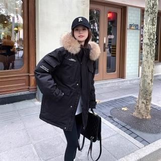 【米蘭精品】現貨+預購 真羽絨90%鵝絨羽絨外套羽絨衣短版連帽大衣(真貉子毛領保暖百搭女夾克2色74ip34)