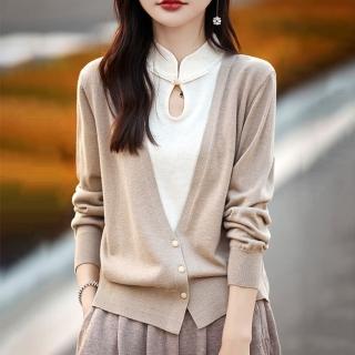 【Paiya 派亞】新中式國風假兩件針織開衫女秋冬新款旗袍領盤扣上衣毛衣外套(均碼M-2XL可穿)