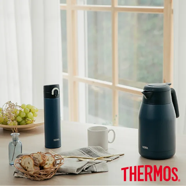 【THERMOS膳魔師】期間限定_黛藍風韻系列不鏽鋼按壓式保溫壺1500ml+輕量彈蓋保溫瓶400ml(THS-1501+JNI-401)