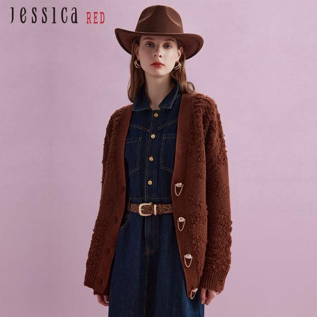 【Jessica Red】時尚個性設計釦鍊毛鬚V領羊毛針織衫外套R44401