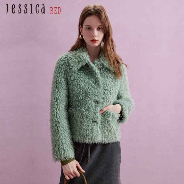 【Jessica Red】高貴氣質小翻領毛毛仿皮草外套 （綠）R44005