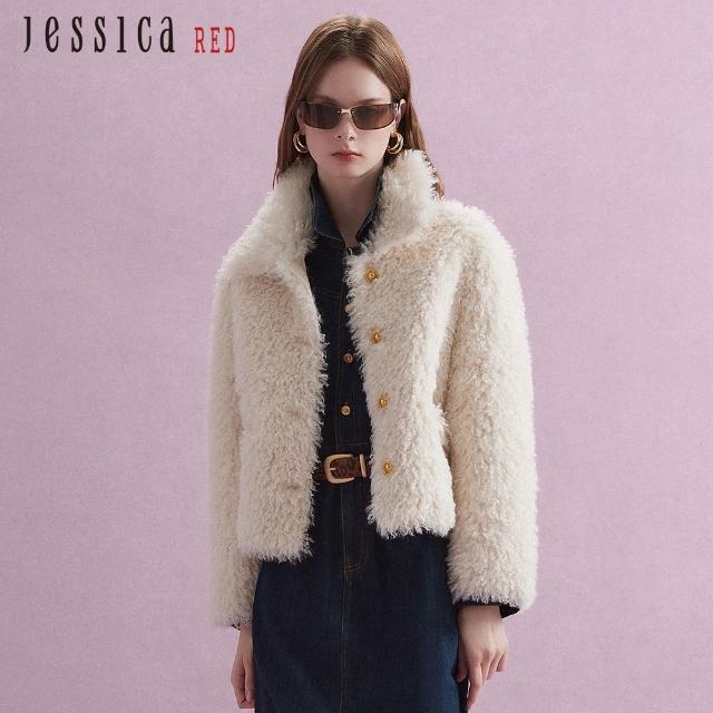 【Jessica Red】高貴氣質小翻領毛毛仿皮草外套 （米）R44005