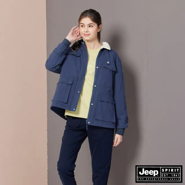 【JEEP】女裝 搖粒絨毛立領鋪棉軍裝外套(藍色)