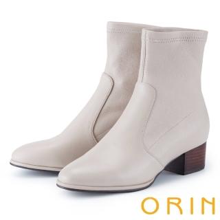 【ORIN】率性時尚彈力羊皮粗跟短靴(米色)