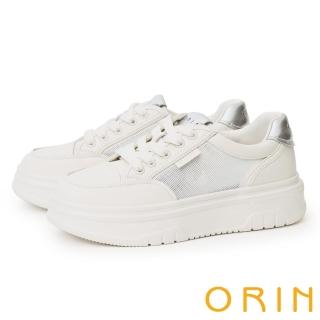 【ORIN】牛皮拼接網布撞色綁帶厚底休閒鞋(銀色)