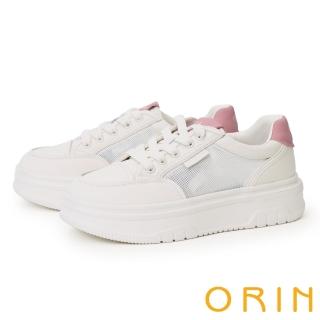 【ORIN】牛皮拼接網布撞色綁帶厚底休閒鞋(粉紅)