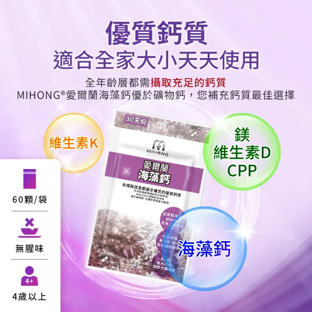 【MIHONG 米鴻生醫】愛爾蘭海藻鈣-添加全球專利海藻鈣.納豆萃取物.酵母粉 x1包(60顆/盒)