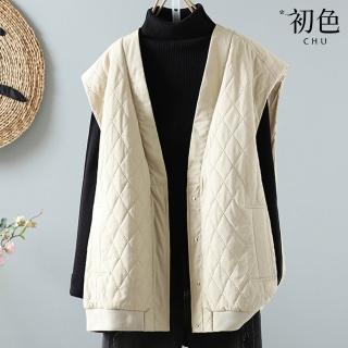 【初色】休閒風純色菱格縫線單排釦寬鬆外搭鋪棉背心女外套-共2色-38794(L-2XL可選)