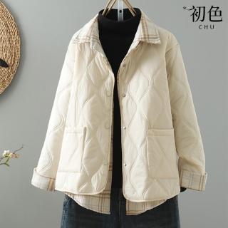 【初色】假兩件格拼接純色寬鬆休閒羽絨棉外套女外套-共3色-39167(L-2XL可選)
