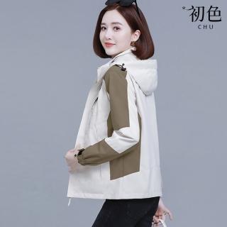 【初色】撞色拼接短款寬鬆大口袋拉鍊立領長袖衝鋒衣連帽外套女外套-共9色-39150(M-4XL可選)