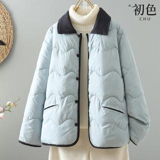 【初色】小香風韓版休閒撞色燈芯絨領子長袖科技羽絨棉輕薄外套女外套-共3色-39162(M-XL可選)