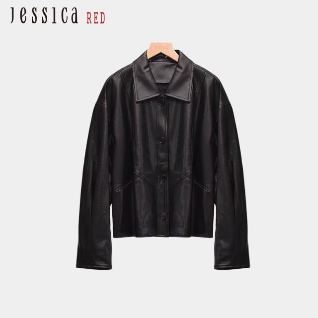 【Jessica Red】百搭率性小翻領素色仿皮衣外套（黑）R44001