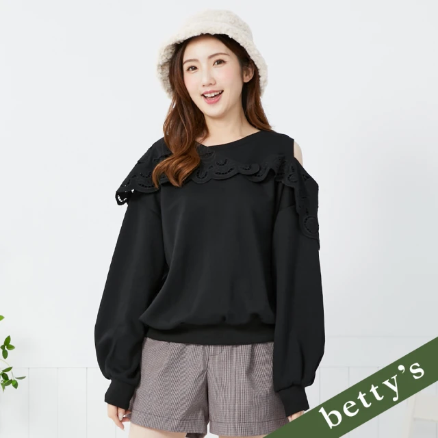 betty’s 貝蒂思 對稱造型鏤空蕾絲露肩T-shirt(黑色)