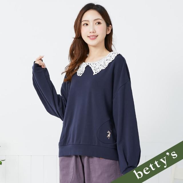 【betty’s 貝蒂思】蕾絲翻領內刷毛兔子氣球刺繡T-shirt(深藍)