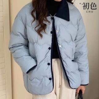 【初色】學院風短款撞色條絨單排釦口袋翻領長袖麵包服外套女外套-共4色-39189(M-2XL可選)