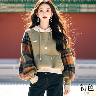 【初色】寬鬆拼色長袖格紋口袋長袖連帽T恤上衣女上衣-綠色-39268(M-3XL可選)