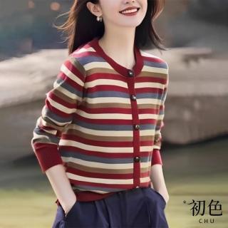 【初色】撞色條紋圓領長袖單排釦修身針織衫上衣女上衣-多色條紋-39199(F可選)