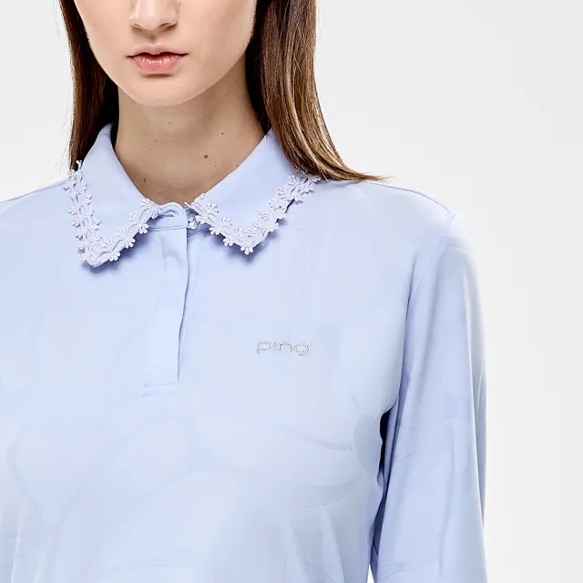 【PING】女款蕾絲領片緹花高爾夫薄長袖POLO衫-藍(吸濕排汗/抗UV/GOLF/高爾夫球衫/RA24206-53)