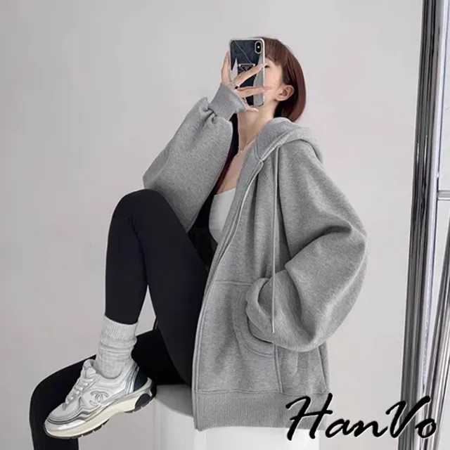 【HanVo】現貨 素色大口袋連帽加絨外套(休閒百搭拉鍊開衫保暖外套 韓系女裝 女生衣著 A07-4545)