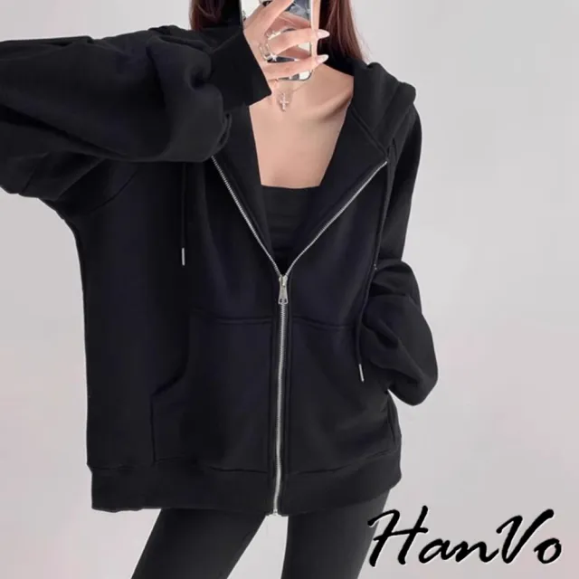 【HanVo】現貨 素色大口袋連帽加絨外套(休閒百搭拉鍊開衫保暖外套 韓系女裝 女生衣著 A07-4545)