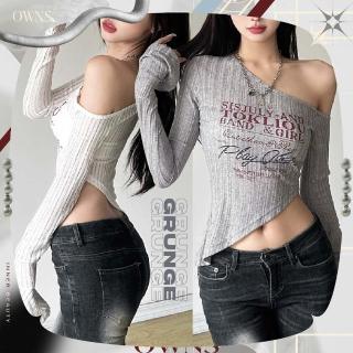 【旺斯女孩】斜領喇叭袖上衣女薄長袖上衣斜擺剪裁設計灰色白色(歐美風露肩上衣)