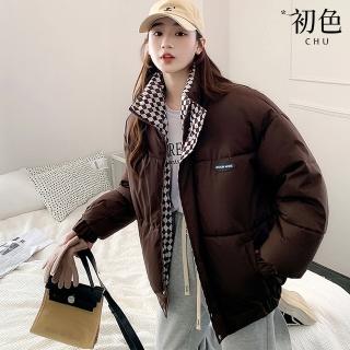 【初色】韓版加厚純色格紋內襯立領長袖羽絨棉外套女外套-共3色-39169(M-2XL可選)