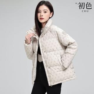 【初色】韓版印花寬鬆直筒立領防風保暖加厚羽絨棉外套女外套-共3色-39130(M-2XL可選)