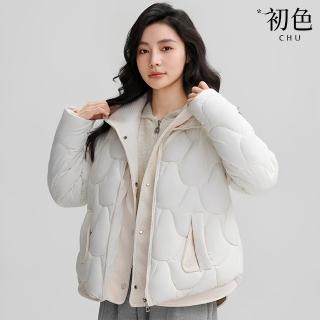 【初色】韓版假兩件拼接短款加厚保暖連帽羽絨棉外套女外套-共4色-39126(M-3XL可選)