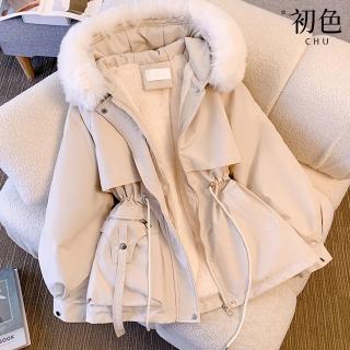 【初色】韓系純色科技羽絨棉服加絨厚皮連帽口袋收腰長袖外套女外套-共4色-39171(M-3XL可選)