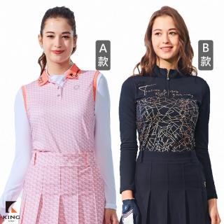 【KING GOLF】MOMO獨家特談！女款拼接印圖燙鑽翻領小立領拉鍊開襟POLO衫/長袖上衣/高爾夫球衫(多款任選)